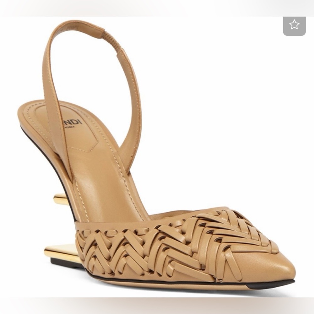 Fendi First Women's Woven Brown Leather Tan Slingback Hogh Heels